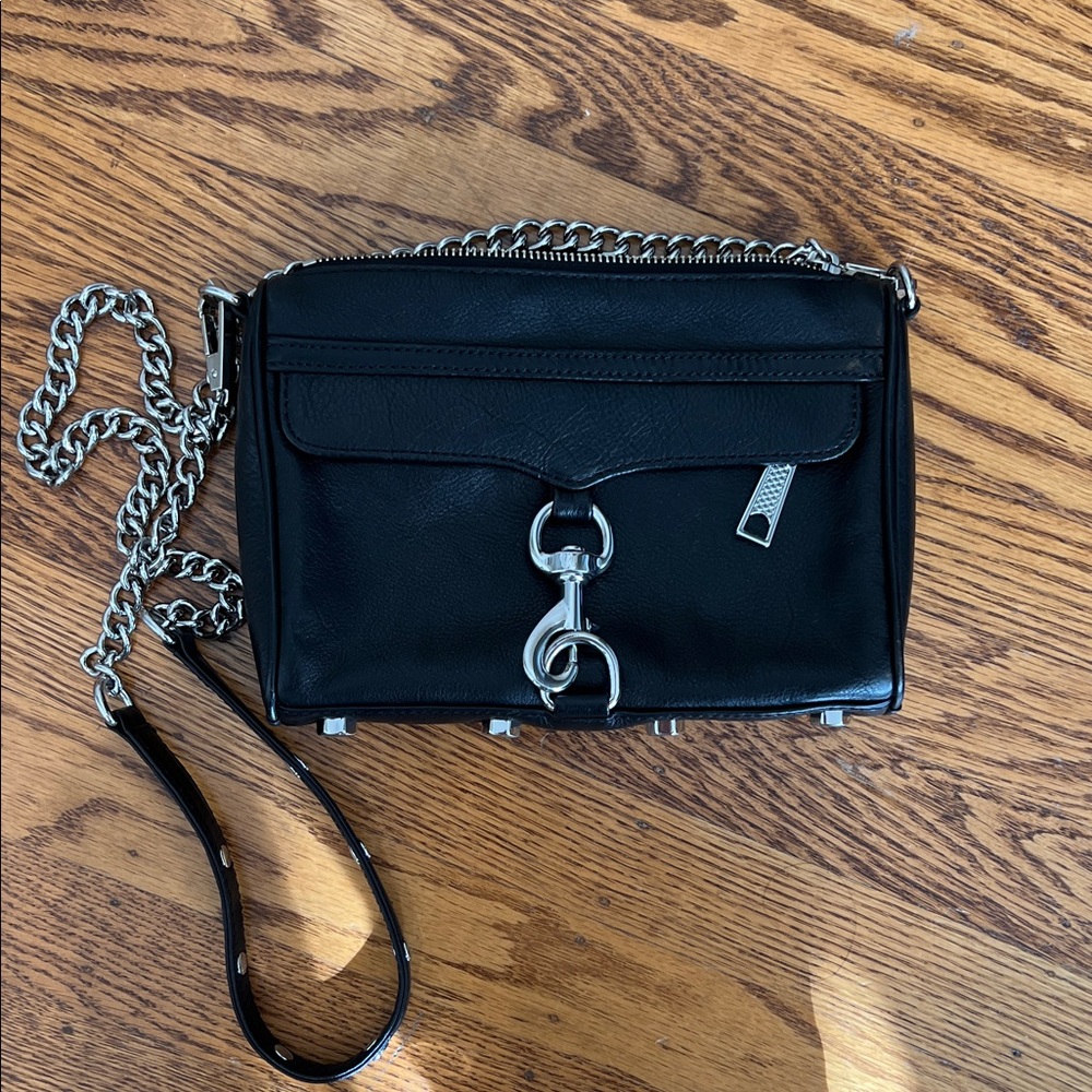 Rebecca Minkoff Black Leather Crossbody Bag with Silver Chain